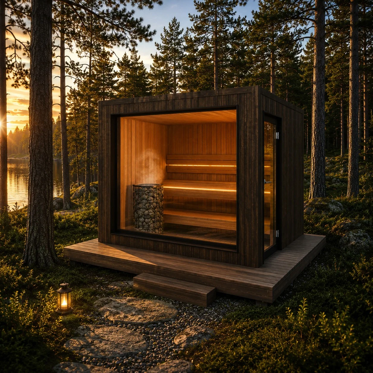 Cabino cube sauna at dusk in the forest