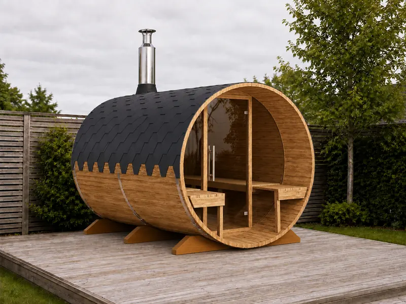 Barrel sauna, covered entrance