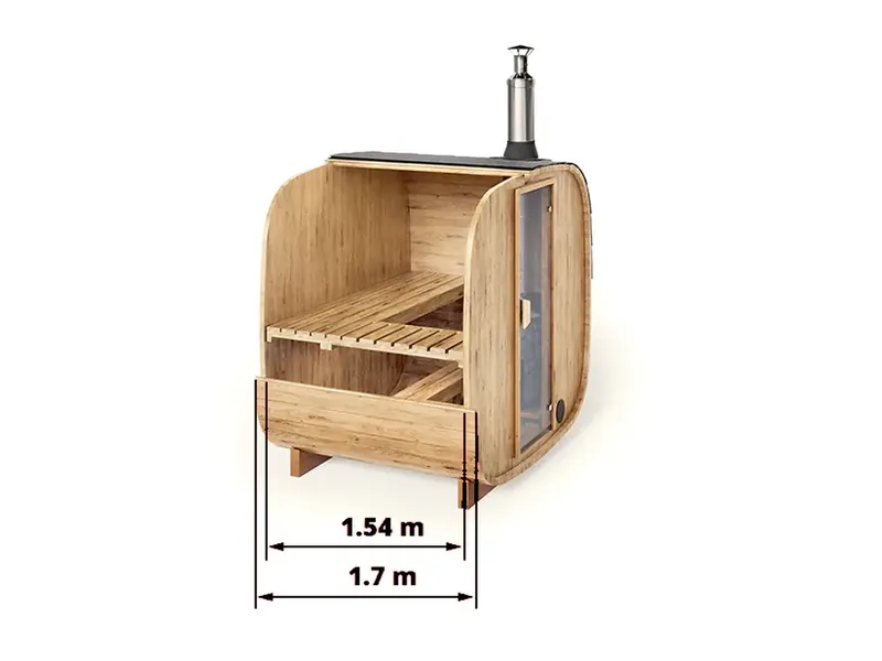Cutaway drawing of Selma with the L-shaped bench: 1.54 m inside, 1.7 m outside