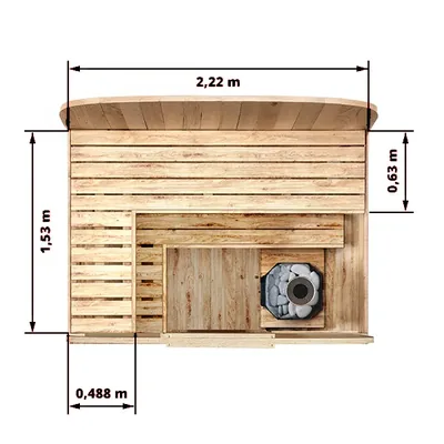 Plan drawing of Selma: the L-shaped bench and the heater